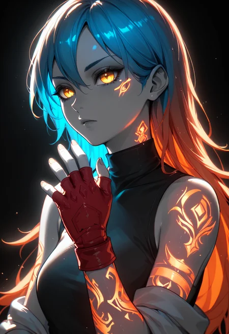 <lora:Style\glowneon_xl_v1:1.0> <lora:SelectiveColoringStyle:0.15> <lora:Concept\g1owingtatt00:1.0>, score_9,score_8_up,score_7_up,score_6_up,score_5_up, 1girl, orange hair, blue inner hair, golden eyes, red fingerless gloves, (black background, monochrome, spot color, selective coloring, grayscale skin), glowing tattoo, (luminous), glowneon