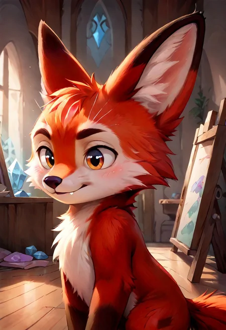 score_9, score_8_up, score_7_up, score_6_up, score_5_up, score_4_up, 
Sonic, g5, 1boy, <lora:Fox_Character_PonyXL:0.8> ,  Foxy, two long ears, fur, anthro, 1boy,  Fox, inside, rich colors, crystal castle, Crystal Empire, crystal heart in the center of the square, presents a painting of rabbits and pony, aroused, front view, detailed background, Tails the foxy, solo, detailed, 8k quality, side view, beautiful, teasing, easel and brushes, leaned to the floor, close up, freely actions,