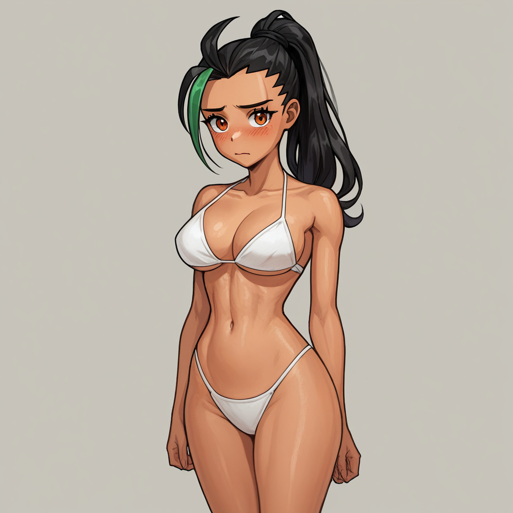 score_9, score_8_up, score_7_up, source_anime, expressive, anime, (4k4bur5tyl3:1.2), Artist speedlines, dynamic, 1girl, (nemona), streaked hair, ponytail, orange eyes, milf, aged up, curvy, fit, dark skin, (white bikini), large breasts, skinny, thick thighs, navel, standing, shy, blush, blushing, embarrassed, sensual, horny, longing, looking at viewer, source_hentai, simple background
