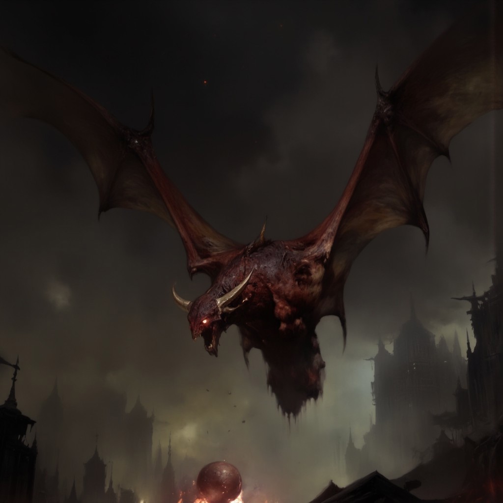 first person pov, 3D01S, simple background atmospheric and powerful dark fantasy, natural organic and first person pov of a 
A small menacing, red-skinned fire gargoyle, blending the features of a bat and a demon. Its short body is covered in rough, crimson hide, with massive leathery wings stretching from its back, ready to launch into the air. Its glowing, fiery eyes pierce the darkness, while sharp horns protrude from its head. The creature's hands, tipped with razor-like claws, clutch a ball of bloody meat, ready to hurl at its prey. Its stance is hunched, exuding an aura of fear. Its long, sharp fangs glisten. It hovers just above the ground, prepared to unleash fiery devastation from the skies. The creature embodies the brutal, animalistic enforcer of the infernal realm. 
UHD letterboxed game trailer frame chromatic aberration dark atmosphere sharp masterpiece with a focus on the character, elden ring style, dark atmosphere, chromatic aberration