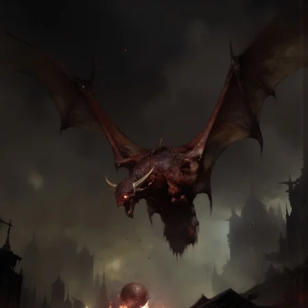 first person pov, 3D01S, simple background atmospheric and powerful dark fantasy, natural organic and first person pov of a
A small menacing, red-skinned fire gargoyle, blending the features of a bat and a demon. Its short body is covered in rough, crimson hide, with massive leathery wings stretching from its back, ready to launch into the air. Its glowing, fiery eyes pierce the darkness, while sharp horns protrude from its head. The creature's hands, tipped with razor-like claws, clutch a ball of bloody meat, ready to hurl at its prey. Its stance is hunched, exuding an aura of fear. Its long, sharp fangs glisten. It hovers just above the ground, prepared to unleash fiery devastation from the skies. The creature embodies the brutal, animalistic enforcer of the infernal realm.
UHD letterboxed game trailer frame chromatic aberration dark atmosphere sharp masterpiece with a focus on the character, elden ring style, dark atmosphere, chromatic aberration
