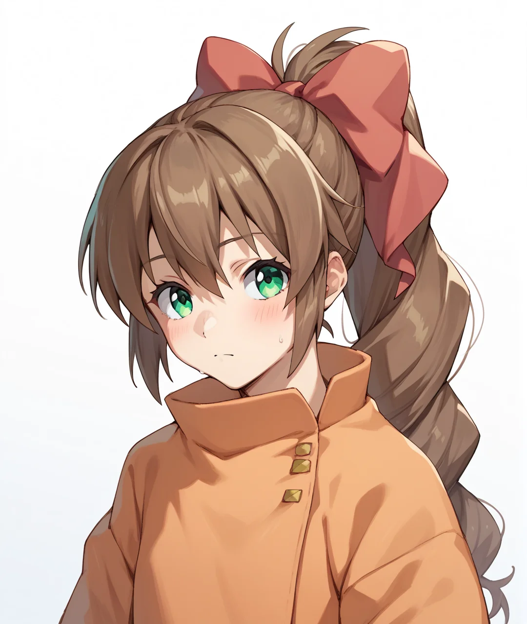 score_9, score_8_up, score_7_up, score_6_up, score_5_up, score_4_up, BREAK source_anime,
<lora:Yuta Kanami_PONY:1>,yuta kanami, 1girl, solo, brown hair, long hair, hair bow, ponytail, green eyes, orange shirt, red bow,white shorts,