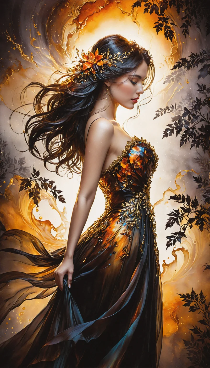 Silhouette Art, breathtaking (realistic FaeTastic extravaganza alcohol ink sketch). amazing, fine, detailed, masterpiece, lovely, charming, awe-inspiring, radiant, magnificent. (all dark hues and fine vibrant orange glowing smoldering accent and shiny gold color scheme:1.02). glossy.
<lora:InkArtXL_1.2:0.4> <lora:FaeTastic:0.39> . award-winning, professional, highly detailed . extremely high-resolution details, photographic, realism pushed to extreme, fine texture, incredibly lifelike, high contrast, well defined .