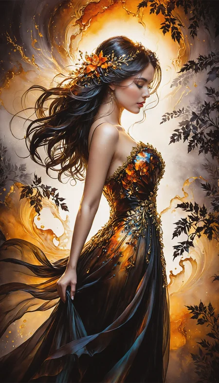 Silhouette Art, breathtaking (realistic FaeTastic extravaganza alcohol ink sketch). amazing, fine, detailed, masterpiece, lovely, charming, awe-inspiring, radiant, magnificent. (all dark hues and fine vibrant orange glowing smoldering accent and shiny gold color scheme:1.02). glossy.
<lora:InkArtXL_1.2:0.4> <lora:FaeTastic:0.39> . award-winning, professional, highly detailed . extremely high-resolution details, photographic, realism pushed to extreme, fine texture, incredibly lifelike, high contrast, well defined .