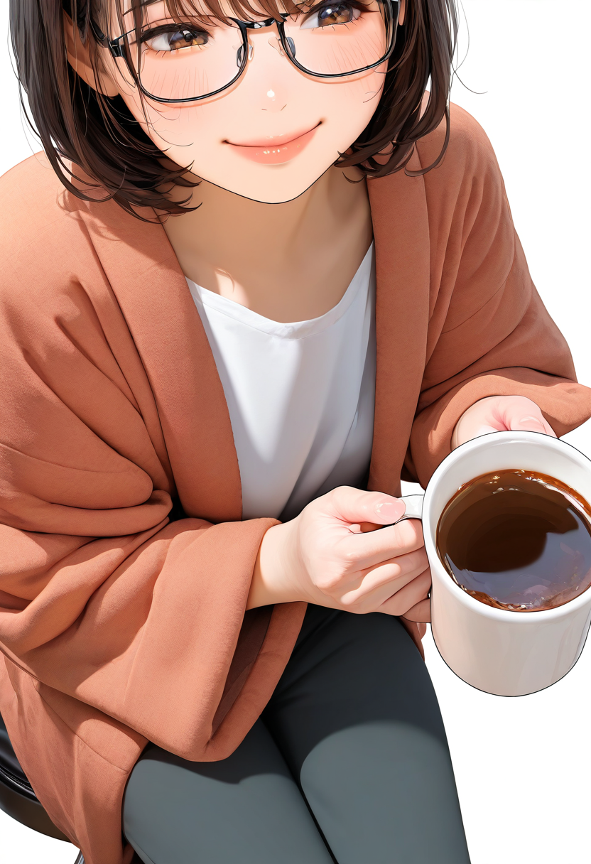 hanten, 1girl, solo, glasses, brown hair, sitting, short hair, white background, simple background, lips, holding coffee mug, shirt, pants, stool,
, happy, smile, looking at another, solo focus,
masterpiece, best quality, amazing quality, very aesthetic, absurdres,
 <lora:Clothing_hanten_illustrious_V1L_DIM4:0.8>