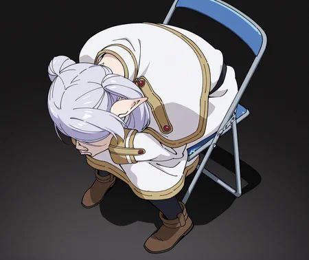 highres, hi res, best quality, masterpiece, 2d, intricate details, 4k, anime coloring, uncensored, shaded, shadow, countershading,
1girl, solo, female, eyelashes, nose, white hair, silver hair, pointy ears, twintails, parted bangs, long hair, green eyes, frieren, sousou no frieren,
sitting, full body, from above, chair, parody, meme, own hands clasped, head down, folding chair,
depth of field, black background, <lora:Shinji_in_a_Chair_meme_ILXL:1>, shinji in a chair \(meme\),