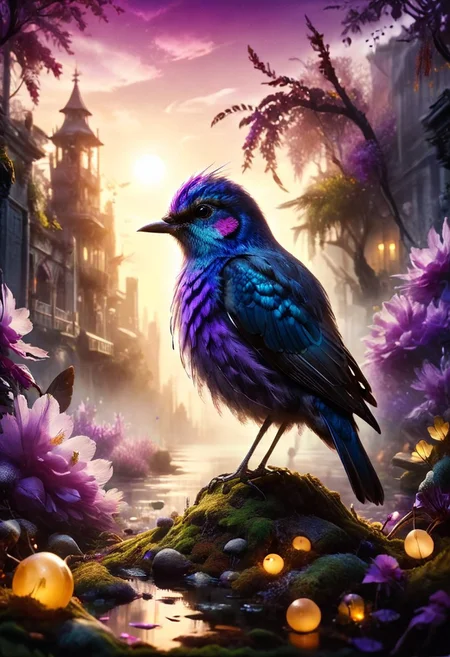 ral-apoctvisn, dark, chiaroscuro, low-key, breathtaking masterpiece showcasing a gorgeous little bird, Violet-crowned nymph,  bathed in soft, golden morning light, surrounded by vibrant bokeh balls that frame its delicate form. The image will be rendered in sharp detail, capturing every feather and intricate feature of the bird with stunning clarity. The soft, diffused lighting will enhance the warmth and radiance of its plumage, while high-quality bokeh adds a magical touch to the scene. Multiple image exposures will be expertly combined to emphasize the bird's vibrant colors and captivating gaze, resulting in a lifelike portrayal of tranquil beauty.
The artwork will feature shimmering digital colors in a mixed media style on textured paper, creating an overlapping, asymmetrical, abstract composition bursting with vibrant hues. Every inch of the image will be filled with intricate details, from the feathers of the nymph to the surrounding environment, all depicted in extreme detail. The wide range of colors will add depth and richness to the scene, with soft shadows and low saturation tones creating a serene yet evocative atmosphere.
With insane quality, resolution, and details, the final image will be a true masterpiece of nature photography, showcasing dramatic, dynamic, and cinematic elements. The sharp details will bring the scene to life, immersing viewers in the beauty and wonder of the Violet-crowned nymph in a way that is both breathtaking and captivating.
