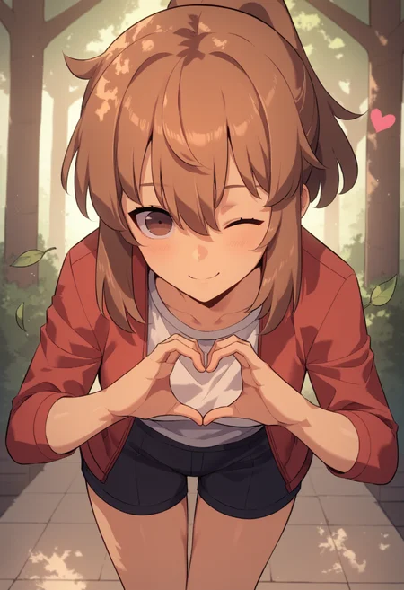 score_9, score_8_up, score_7_up, source_anime,
BREAK
1girl, solo, webtoonstyle,
<lora:shiHaeV1:0.8>, haedef, brown hair, brown eyes, ponytail,
red jacket, white shirt, black shorts,
looking at viewer, one eye closed, bent over, heart hands,
outdoors, leaf,