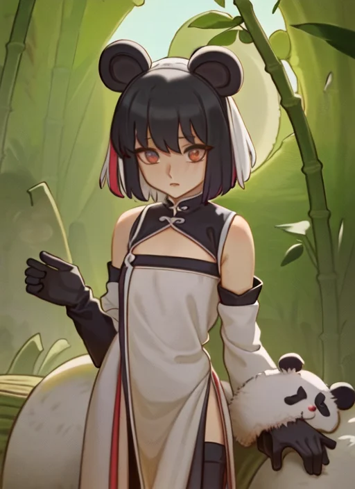 ((best quality)), ((highly detailed)), masterpiece, ((official art)), (detailed eyes, deep eyes), (1girl:1.33, solo), ((panda girl)), (panda ears), fluffy, (multicolored hair, black hair, white hair), (black eye mask), short hair, chinese_dress, pelvic curtain, (monster girl), bamboo, <lora:bartolomeobariStyle_v10:.9>, bartolomeobari
