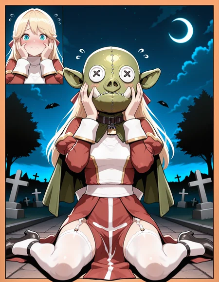 solo,
(border:1.2),multiple views,comic,no mask,blush,embarrassed,steaming body,
orcish, mask, button eyes, cosplay,covered face,padlock,animal collar,covered neck,green capelet,skinny,orc, stitched, [green bag over head::0.1], 
outdoors,night,Halloween,graveyard,starry sky, crescent moon, bat \(animal\), tree, cloudy sky,
flying sweatdrops,hands on own face,
wariza,sitting,on floor,
masterpiece,best quality,amazing quality,very aesthetic,absurdres,newest,
<lora:reduce_wrinkles_illstriouosv0.1_ADDifT_2_in_1_v1.2:0.8>,
<lora:99coins_reverse_orcish_IL_v14_09:1>,  <lora:hiPriestROIlustV2.0-000006:1> hiPriestRo, garter straps, garter belt, white legwear, white sash, red dress, [:cross, turtleneck,,puffy sleeves:0.2], long sleeves,  pelvic curtain, waist bow, lace-trimmed legwear, black high heels,long hair, aqua eye, blonde hair, half updo,