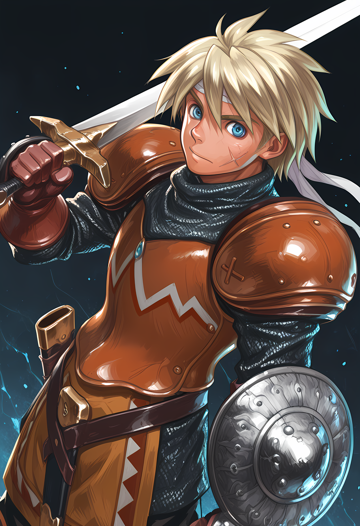 masterpiece, best quality, amazing quality, dutch angle, abstract background, BREAK
1boy, solo, male focus, cc_glenn, blonde hair, blue eyes, scar, pauldrons, armor, sword, shield, BREAK
<lora:cfg_scale_boost:.6>  <lora:Glenn_-_Chrono_Cross_-_ILXL:1>