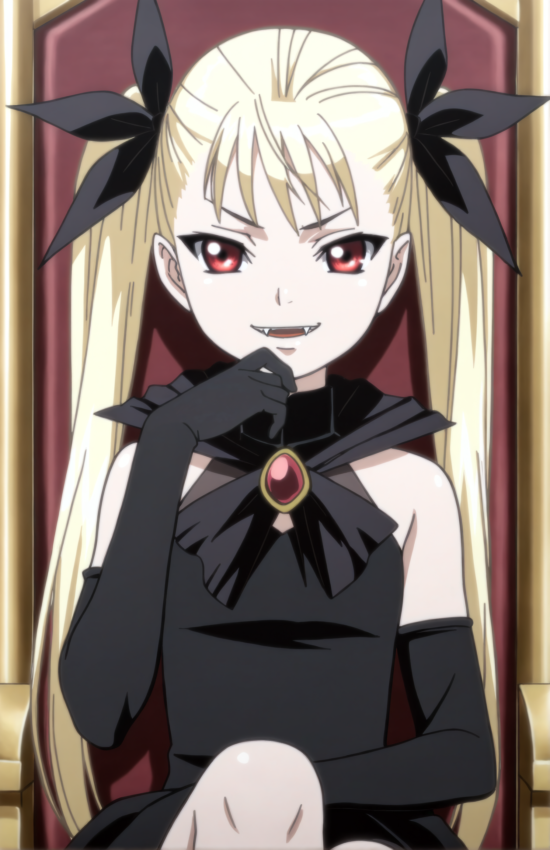 best quality, amazing quality, MinaTepes, 1girl, long hair, blonde hair, hair ribbon, twintails, red eyes, gothic, black dress, elbow gloves, sitting, throne, close up, portrait, hand on chin, smirk, fangs,
