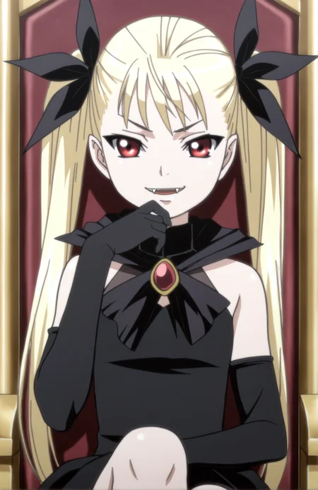 best quality, amazing quality, MinaTepes, 1girl, long hair, blonde hair, hair ribbon, twintails, red eyes, gothic, black dress, elbow gloves, sitting, throne, close up, portrait, hand on chin, smirk, fangs,