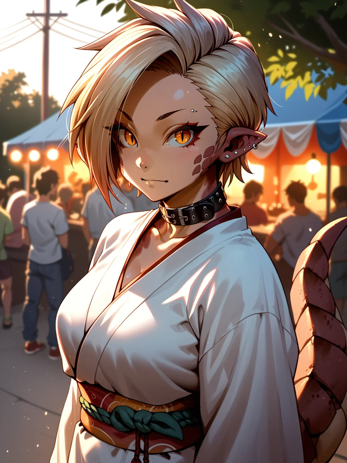 (solo focus, upper body:1.2) <lora:happy_tentacle-riza-v0.1-000036:1>, ht_riza, tail, ear piercing, earrings, belt collar, large breasts, slit pupils, (petite:1.2), <lora:Shed_The_Skin's StS_age_slider_v1_initial_release:-1.25> ( :1.1) (perky breasts:1.2) ( , , ( :1.2) , , looking up :1.2) , outdoors, vegetation, ( :1.1), summer , (dusk :0.6), (blue sky:0.6) , (:0.5), , ( :0.8), (festival, food stand:1.2), crowd, tree, (traditional clothes:1.2) (( from above :1.1) :0.8) score_9, score_8_up, score_7_up, score_6_up, score_5_up, score_4_up, ( [(realistic, photorealistic:1.3):(realistic:1.2):14] [(3d:1.2)::12] :1) <lora:LUUNA's Lunas-NijiJourney-SDXL-B2:0.35>, nijijourney <lora:prgfrg23's Counterfeit-V3.0 Style SDXL_LoRA_Pony Diffusion V6 XL:0.35> <lora:mfcg's mfcgXL:0.12> <lora:reweik's gyokai(himehajime)_PonyXL_style_v01:0.14>