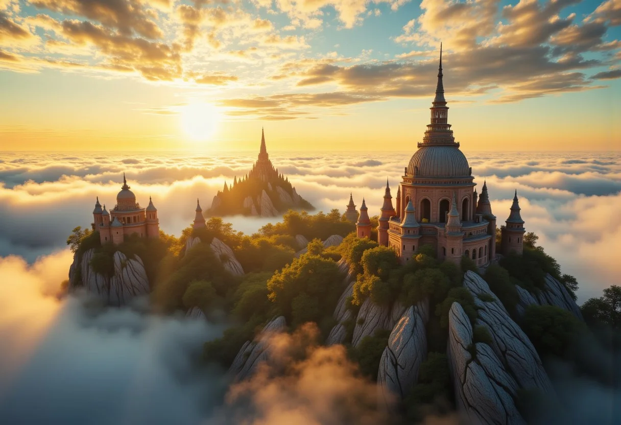 the most realistic, photorealistic photo ever taken [flythrough a VAST ANCIENT mystical ISLAND city in the clouds, GOLDEN HOUR, a dream world , shifting landscapes, and ethereal creatures, Captured with a Hasselblad X2D 100C and an 80mm f/1.9 lens, hyper-realistic textures, soft studio lighting, elegant shadows, styled for a Vogue beauty editorial, incredible realism, creamy bokeh, ultra-detailed textures, perfect lighting, styled for a Vogue cover]  aidmaimageupgrader, aidmamj6.1