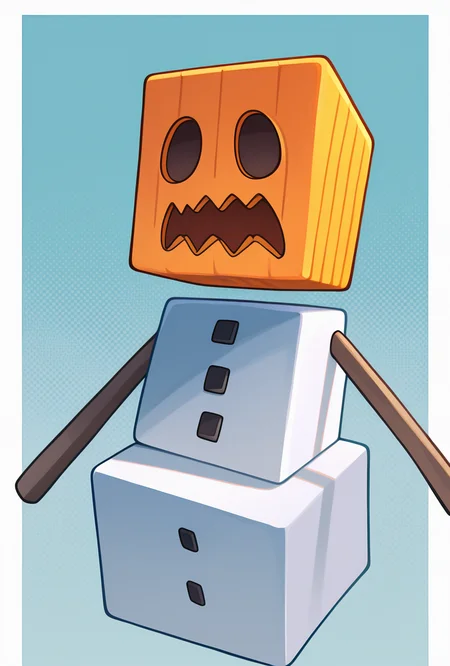 <lora:snowglm-10:1> snowglm, no humans, white body, orange pumpkin head, solo, standing, cube head, cube body, stick hands, brown arms, sharp mouth, big mouth, light blue background, upper body, cropped body, masterpiece, best quality, amazing quality, very aesthetic, absurdres, newest,, upper body, halftone effect, white borders, abstract background:1.2,