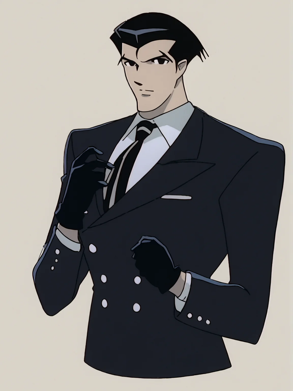 source_anime, score_9, score_8_up, score_7_up, 8k, absurd res, solo, <lora:BigO_PDXLv1 Roger-000035:0.9> black hair, long sleeves, necktie, black gloves, collared shirt, black jacket, simple background, anime screencap, 1990s \(style\), upper body, looking at viewer,