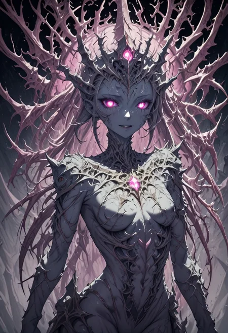 cthulhu, fractal skin, Sexy woman with gold and porcelain white mechanical body, glowing pink eyes, glowing pink skin, cinematic photography, golden cobweb, majestic, awesome, inspiring, closeup, smooth, atmospheric haze, cinamatic composition, soft shadows, national geographic style, golden glow, extremely detailed