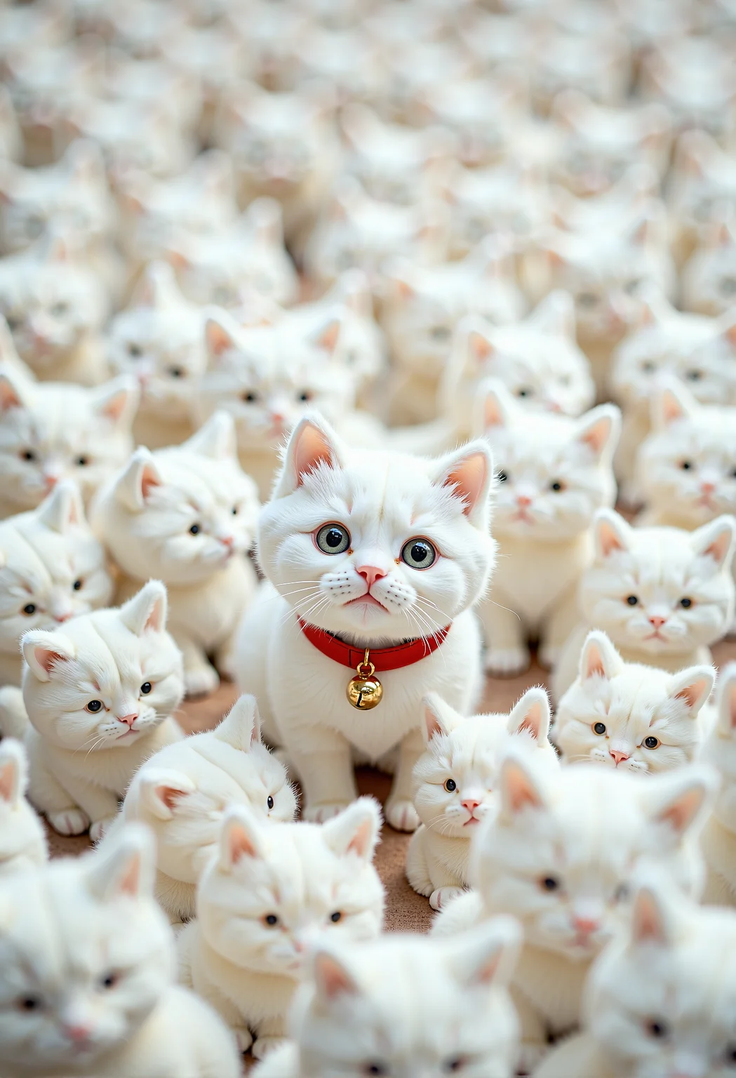 A young white kitten with soft, fluffy fur sits in the center of an endless sea of identical white fabric cat plushies, each meticulously designed to look just like the real kitten. The kitten wears a vibrant red collar with a tiny jingling bell, its only distinguishing feature, gleaming against the monochrome surroundings. The scene is softly lit, with delicate shadows emphasizing the texture of the plush toys and the kitten's sleek fur. The kitten's curious eyes and subtle movements create a captivating contrast to the stillness of the plush duplicates, making it the focal point of this whimsical and surreal setting. <lora:aidmaImageUpgrader-FLUX-V0.2.safetensors:0.66>,