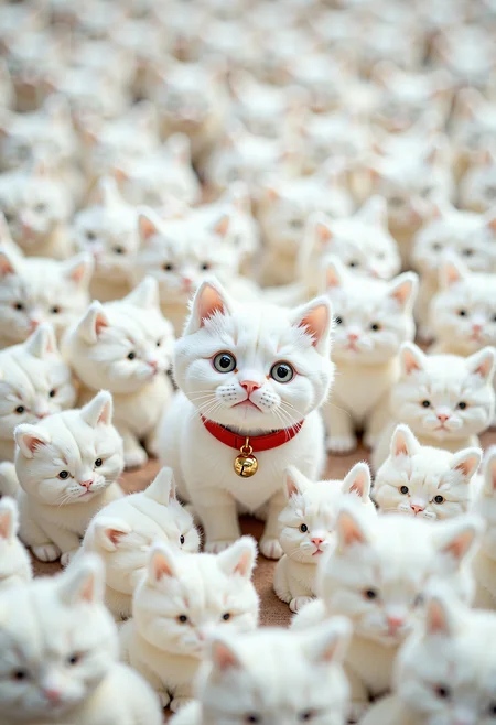 A young white kitten with soft, fluffy fur sits in the center of an endless sea of identical white fabric cat plushies, each meticulously designed to look just like the real kitten. The kitten wears a vibrant red collar with a tiny jingling bell, its only distinguishing feature, gleaming against the monochrome surroundings. The scene is softly lit, with delicate shadows emphasizing the texture of the plush toys and the kitten's sleek fur. The kitten's curious eyes and subtle movements create a captivating contrast to the stillness of the plush duplicates, making it the focal point of this whimsical and surreal setting. <lora:aidmaImageUpgrader-FLUX-V0.2.safetensors:0.66>,