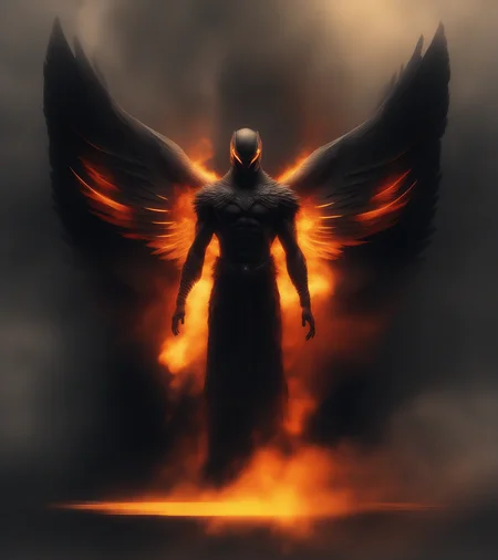 (The figure has large wings extending from his back. The symmetrical wings are menacing, with visible feathers; they are spread wide and fill the upper half of the picture.)
The figure stands in intense dark yellow and red flames. Clouds of smoke mingle with the flames and amplifying the intensity.
The picture is photographed in a monochromatic scheme, mainly with shades of black, white and gray.
(intricate details, insane details, highly detailed, ultra high quality, sharp focus, high contrast, best shadows, soft lighting, dark artificial light, volumetric lighting, cinematic lighting, epic cinematic, 8k UHD, RAW photo, film grain, denoise, photorealistic, photo realism, long shot, centered:1.4)