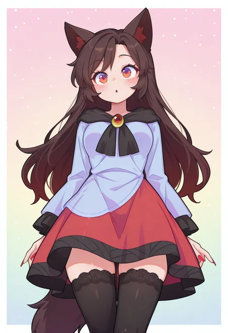 incredibly_absurdres, amazing_background, best quality, pastel_colors, bright_colors, colorful, soft_colors, white border, 1girl, solo, thighhighs, kawaii_babes_style, SNRA-illu,
interested expression,
imaizumi kagerou, 1girl, solo, red eyes, brown hair, long hair, wolf ears, wolf tail, long fingernails,