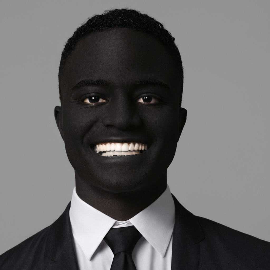 UHD, 4k, ultra detailed, cinematic, a photograph of  <lora:vantablack style:1>
a man in a suit and tie with a black face,solo,looking at viewer,smile,simple background,shirt,1boy,jacket,white shirt,upper body,male focus,necktie,teeth,collared shirt,grin,formal,suit,black necktie,black skin,horror (theme) , vantablack style, super-black coating style, dark coating style
 <lora:Low-key lighting Style:1>, epic, beautiful lighting, inpsiring