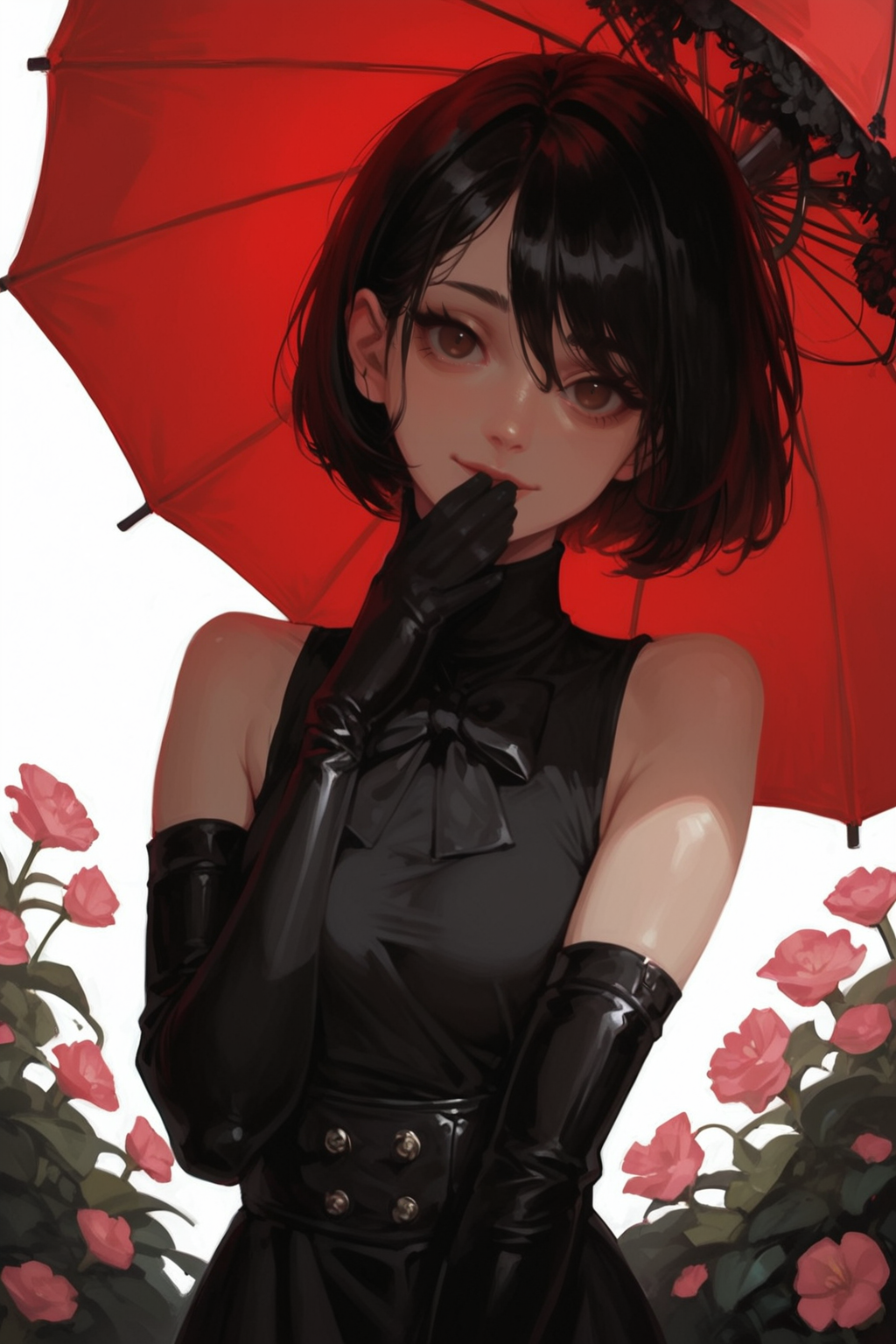 1girl, gloves, dress, solo, black gloves, black hair, elbow gloves, umbrella, black dress, short hair, red umbrella, bob cut, looking at viewer, black eyes, sleeveless dress, flower, holding, holding umbrella, black bow, hand to own mouth, sleeveless, bare shoulders, black bowtie, bowtie, empty eyes, turtleneck dress, hydrangea, bow, loose hair strand, smile, light smile, head tilt, closed mouth, white background, small breasts, breasts, upper body, pale skin, standing, pink flower, hand on own chin, cowboy shot, blurry, brown eyes, hand up, swept bangs, hair between eyes, black ribbon, narrowed eyes, foliage, hand on own face, eyelashes, covering own mouth, bush,, zPDXL3, detailxl,  Score_PnyReal, (lineless:1.5)