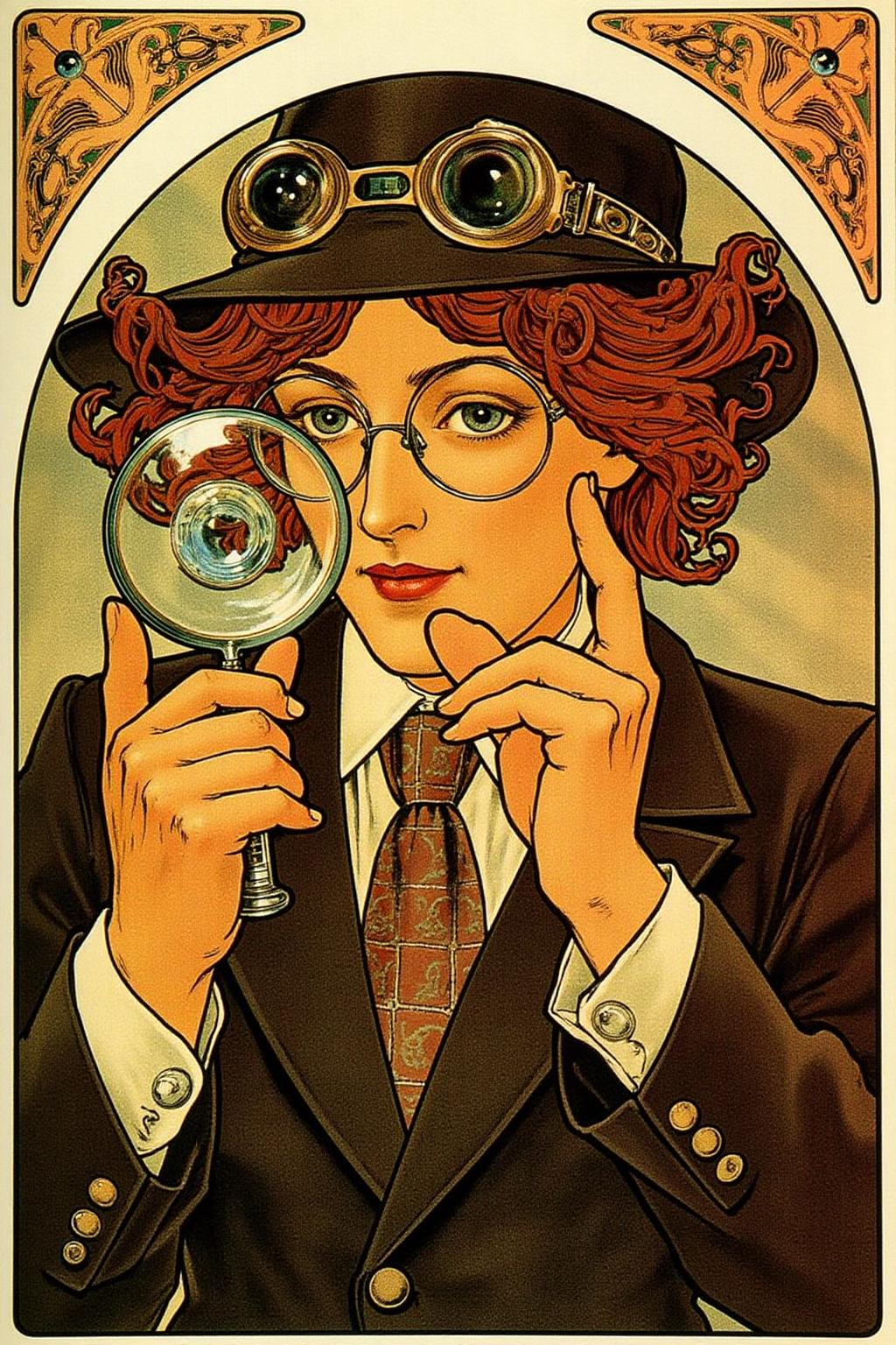 mucha1 Art Nouveau illustration
Portrait of a female detective scowling into a magnifying glass. The glass is crystal clear, showing a water portal through the glass. The detective is wearing a pair of old fashion glasses, and a black suit that emanates her shadowy figure. <lora:mucha1_cap_d6a3e11:1.0><lora:822896110491259844:0>