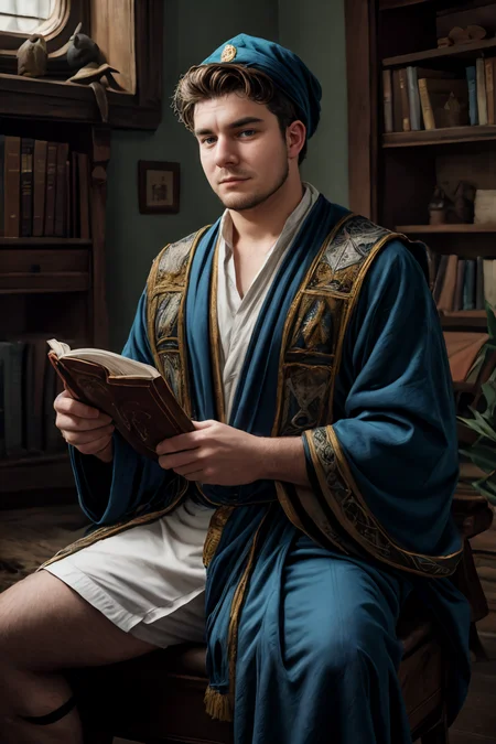 (20-year-old) VaclavNikdo as a wizard, sitting in a mystic library, wearing blue robes, wizard hat, holding a book <lora:!rs-VaclavNikdoLora-03:1><lora:weight_slider_v2:1>