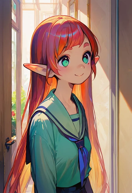 ((masterpiece,best quality)), absurdres, BREAK, score_9, score_8_up, score_7_up, score_6_up, 8k, hires,1girl, beautiful girl, kawaii girl, cute face, pose, high contrast, dramatic shadows, highly detailed, detailed skin, depth of field, shadows, hair bangs, very long hair, red hair, twin tails, blue ribbons, small breasts, young, petite, elf, smiling, sailor uniform, aqua eyes, green school uniform, hallway, school, <lora:add-detail-xl:3>
