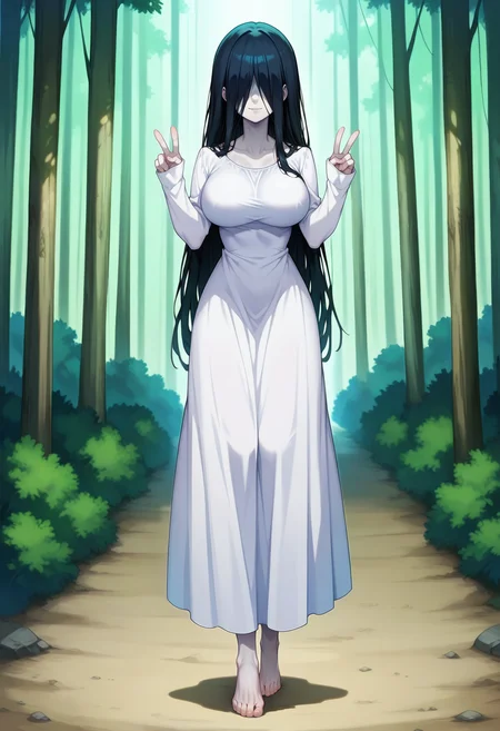 looking at viewer, outdoors, solo, full body,
<lora:sadako v2:1> sadako, eyeless, hair over eyes, long hair, black hair, bangs, grey skin, large breasts,
dress, white dress, barefoot, sleeves past wrists, double v, light smile,
anime screencap, masterpiece, best quality,