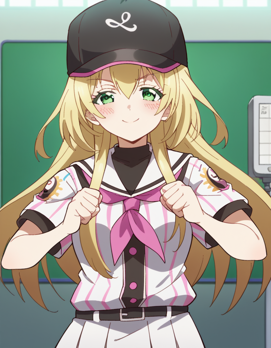 score_9, score_8_up, score_7_up, source_anime, <lora:yuki-nozaki-s1-ponyxl-lora-nochekaiser:1>, yuki nozaki, long hair, blonde hair, hair between eyes, green eyes, sidelocks,, skirt, shirt, hat, short sleeves, pleated skirt, striped, belt, sailor collar, neckerchief, black headwear, white skirt, baseball cap, vertical stripes, black belt, striped shirt, sportswear, vertical-striped shirt, baseball uniform,, laboratory, beakers, microscope, scientist, experiments, , <lora:shikairo-days-dance-ponyxl-lora-nochekaiser:1>, shikairo days dance, shikairo days dance (meme), dancing, meme, closed eyes, clenched hands, glowsticks, blush, smile,, looking at viewer, solo,, dutch angle, cowboy shot