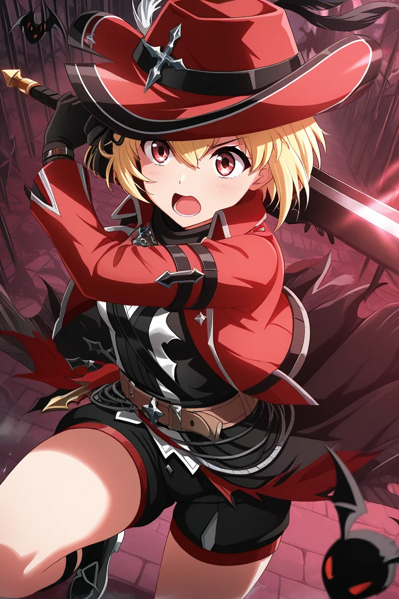 masterpiece, best quality, amazing quality,
<lora:Otori_IL:1> michiru, hat, weapon, gloves, shorts, sword, solo, holding, blonde hair, open mouth, holding weapon, red headwear, holding sword, black gloves, short hair, red eyes, bat (animal), 1girl, black shorts, red jacket, belt, jacket, hat feather, hair between eyes, helsing