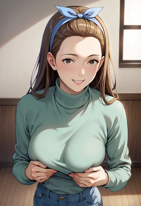 score_9, score_8_up, score_7_up, deep skin, shiny skin, source_anime, high quality, highres, KazukoMorinakaHB, 1girl, long hair, brown hair, brown eyes, hair slicked back, blue headband, hair ribbon, light green shirt, sweater, turtleneck, long sleeves, blue pants, denim pants, indoors, smile, solo,
