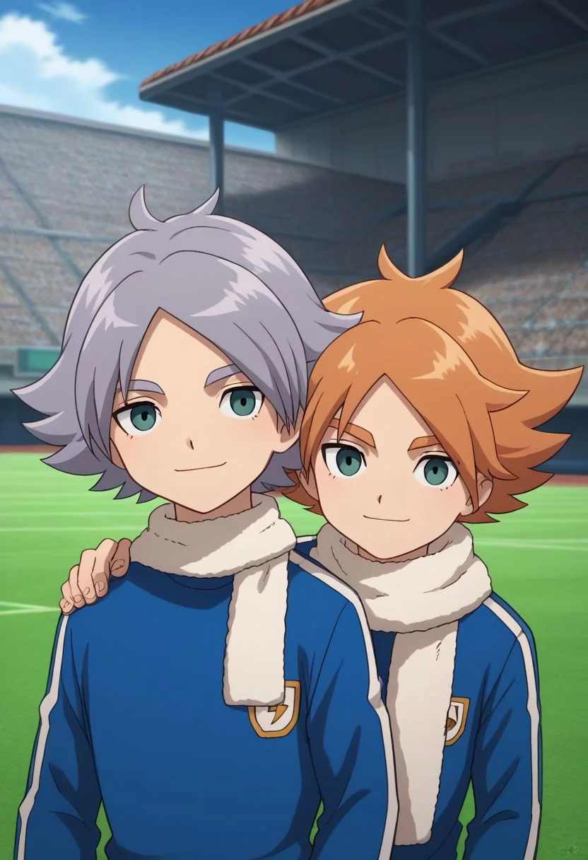 score_9, score_8_up, source_anime, highly detailed, 2boys, male_focus, slender, skinny, upper body,
aiden, 1boy, male focus, scarf, sportswear, orange hair, white scarf, soccer uniform, long sleeves, white shirt,
fubuki2, 1boy, male focus, 1boy, grey hair, soccer uniform, long sleeves, white shirt
outdoor, soccer field, smile, bench, sit, hands on shoulders, siblings, brothers,