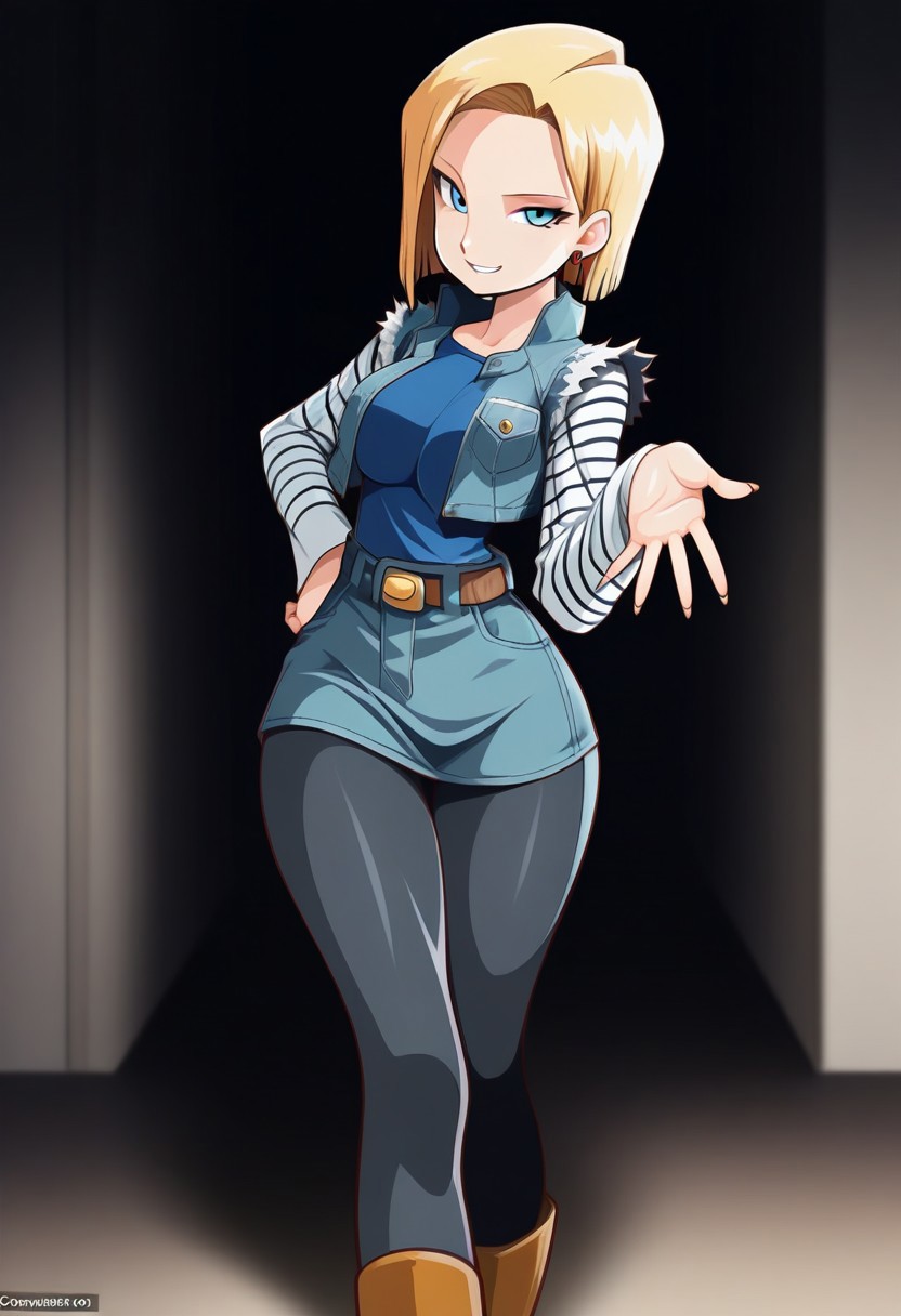 masterpiece,best quality,amazing quality,
1girl, solo girl,
smiling,looking at viewer,
,rbd,
wide hips,
sexy pose,android 18,
short hair, blue eyes, skirt, blonde hair, shirt, long sleeves, white sleeves, striped sleeves, jewelry, indoors, denim jacket, full body, cowboy shot, pantyhose, earrings, boots, Brown boots,belt, vest, blue skirt, hand on hip, black pantyhose, denim skirt