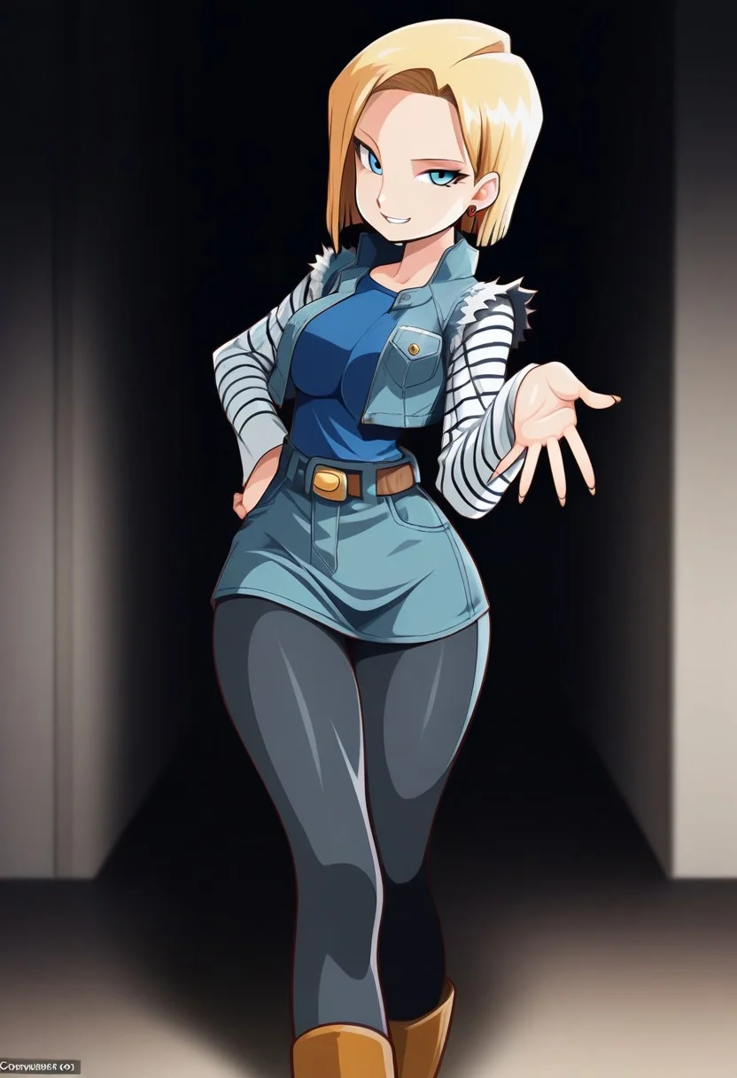 masterpiece,best quality,amazing quality,
1girl, solo girl,
smiling,looking at viewer,
,rbd,
wide hips,
sexy pose,android 18,
short hair, blue eyes, skirt, blonde hair, shirt, long sleeves, white sleeves, striped sleeves, jewelry, indoors, denim jacket, full body, cowboy shot, pantyhose, earrings, boots, Brown boots,belt, vest, blue skirt, hand on hip, black pantyhose, denim skirt