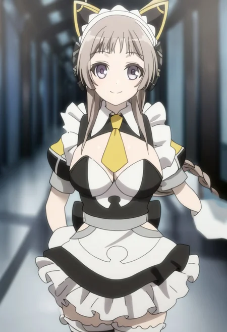 blurred background,
smile,
looking at viewer,
solo,
hundred_-_mei_mei, brown_hair, long_hair, braid,animal_ears, purple_eyes, maid, maid_headdress, white_gloves,  necktie, apron, frills,  thighhighs,
standing,
masterpiece,best quality,good quality,newest,