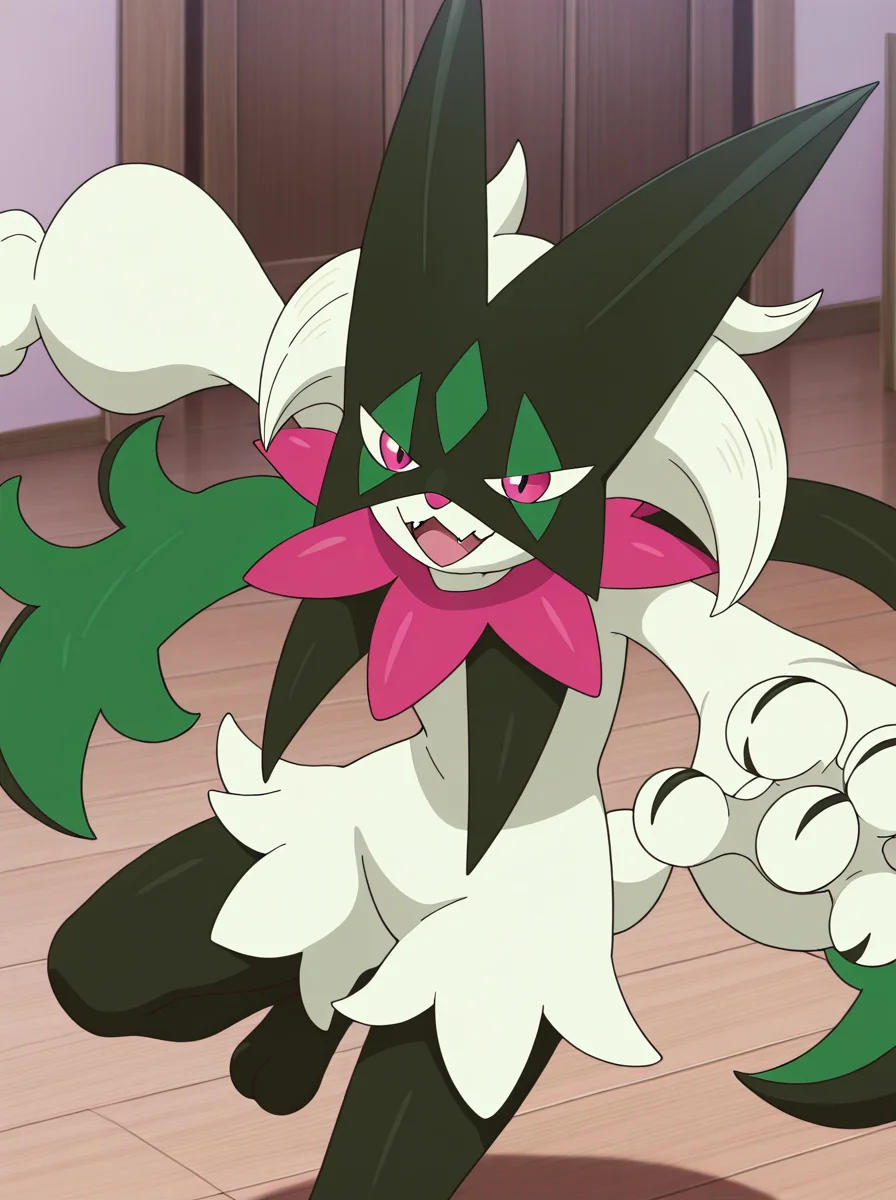 masterpiece, best quality, amazing quality, very aesthetic, absurdres, newest, anime screenshot anime coloring, <lora:MeowscaradaIllust:1>masquernyaillust, pokemon (creature), furry, solo, no humans, smile, pink eyes standing, open mouth, fangs happy fighting stance,