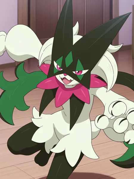 masterpiece, best quality, amazing quality, very aesthetic, absurdres, newest, anime screenshot anime coloring, <lora:MeowscaradaIllust:1>masquernyaillust, pokemon (creature), furry, solo, no humans, smile, pink eyes standing, open mouth, fangs happy fighting stance,
