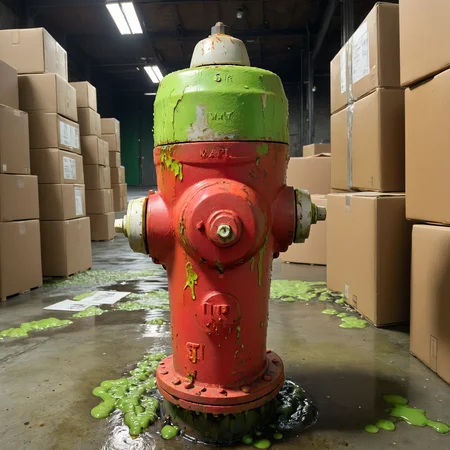 mapl3R1dg3H1drant fire hydrant, rusty, green ooze, gooey, slimey, warehouse full of boxes, indoor lighting, light shafts, high quality, dynamic range, cinematic <lora:mapl3R1dg3H1drant:0.6>