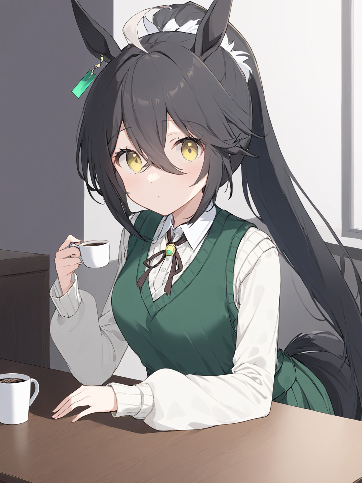 (masterpiece),(highest quality),highres,(an extremely delicate and beautiful),(extremely detailed), solo, Manhattan Cafe \(umamusume\) wears official alternate costume, alternate hairstyle, ponytail, single earring, long sleeves, layered sleeves, green apron, collared shirt, white shirt, sweater vest, neck ribbon, white ribbon. she just puts coffee cup on table
 <lora:UmaDiffusionXL-768x1024:1>