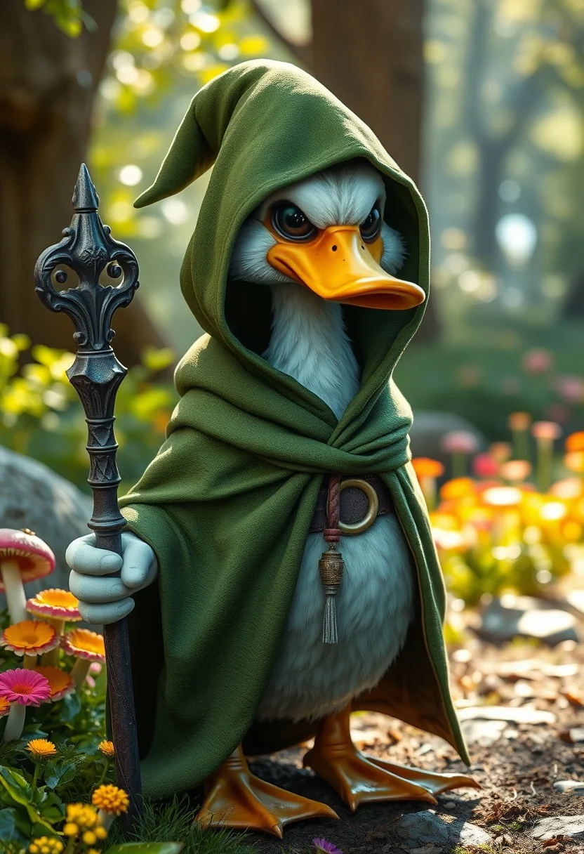 a hyper-realistic, professional-quality photograph of a highly detailed and realistic fantasy scene featuring an anthropomorphic duck wizard. The character has a serious, determined expression, with sharp eyes, It is dressed in a green, hooded cloak that covers most of its body, giving it an air of mystery and stealth. The cloak has a textured, slightly worn appearance, indicating it has been through many adventures. The wizard holds an ornate staff confidently by its side, ready for battle. The background should suggest a lush, vibrant forest or woodland setting, with brightly coloured flowers and mushroom, with dappled sunlight filtering through the trees and casting soft shadows on the ground. The overall atmosphere should convey a sense of readiness and bravery, as the duck wizard stands poised for its next quest. The scene should be vibrant and full of life, with realistic textures and lighting that bring the character and its environment to life, blending charm with an adventurous spirit.., lifelike quality