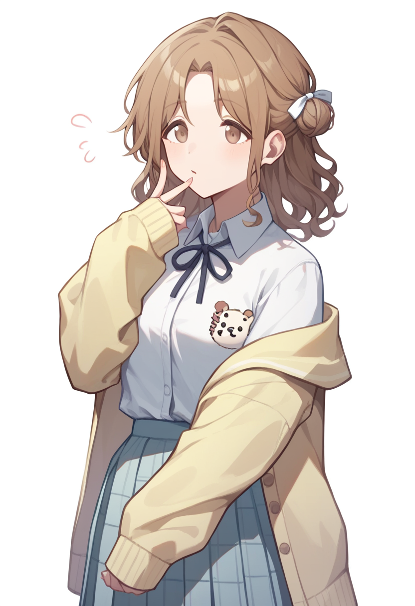 score_9,score_8_up,score_7_up,<lora:idolmaster_shiny_colors:1>,Ichikawa Hinana,single side bun,single hair bun,long brown hair,brown eyes,hair ribbon,Open cardigan, yellow cardigan, sleeves past wrists, white shirt, pleated plaid miniskirt