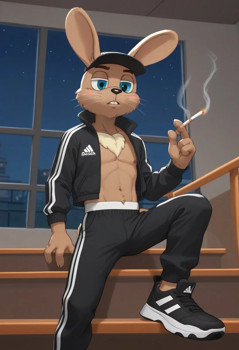 score_8_up, score_9, four fingers, zayats, shorty, skinny, undersized, , male anthro rabbit, furry character, black adidas sport trousers, black adidas sport jacket, newsboy cap, cigarette in mouth, interior,  posing at entrance staircase background, night, panelka, liminal space, weirdcore, doomer aesthetics