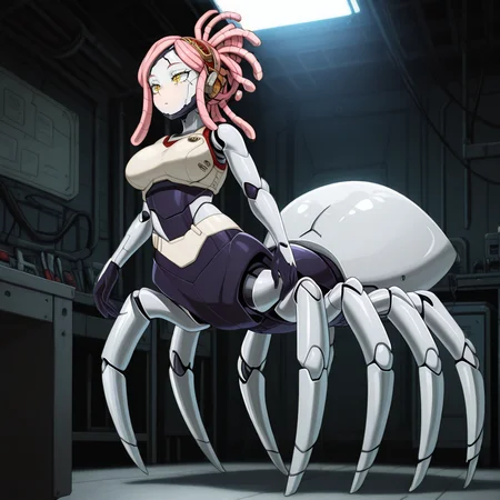 IllusP0s,<lora:Real_Grade_Androids:1.3>,r34lgrade,(robot:1.1),science fiction,robot joints,(android:1.1),(metal skin:1.4),humanoid robot,joints,machine,(mech face:1.4),solo,arachne,(spidertaur:1.5),(cable hair:1.7),<lora:Hatsume_mei:1>,Hatsume mei,pink_hair,yellow_eyes,standing,full body BREAK
detailed background,backlighting,dark,science fiction,workshop,tools,machinery,
