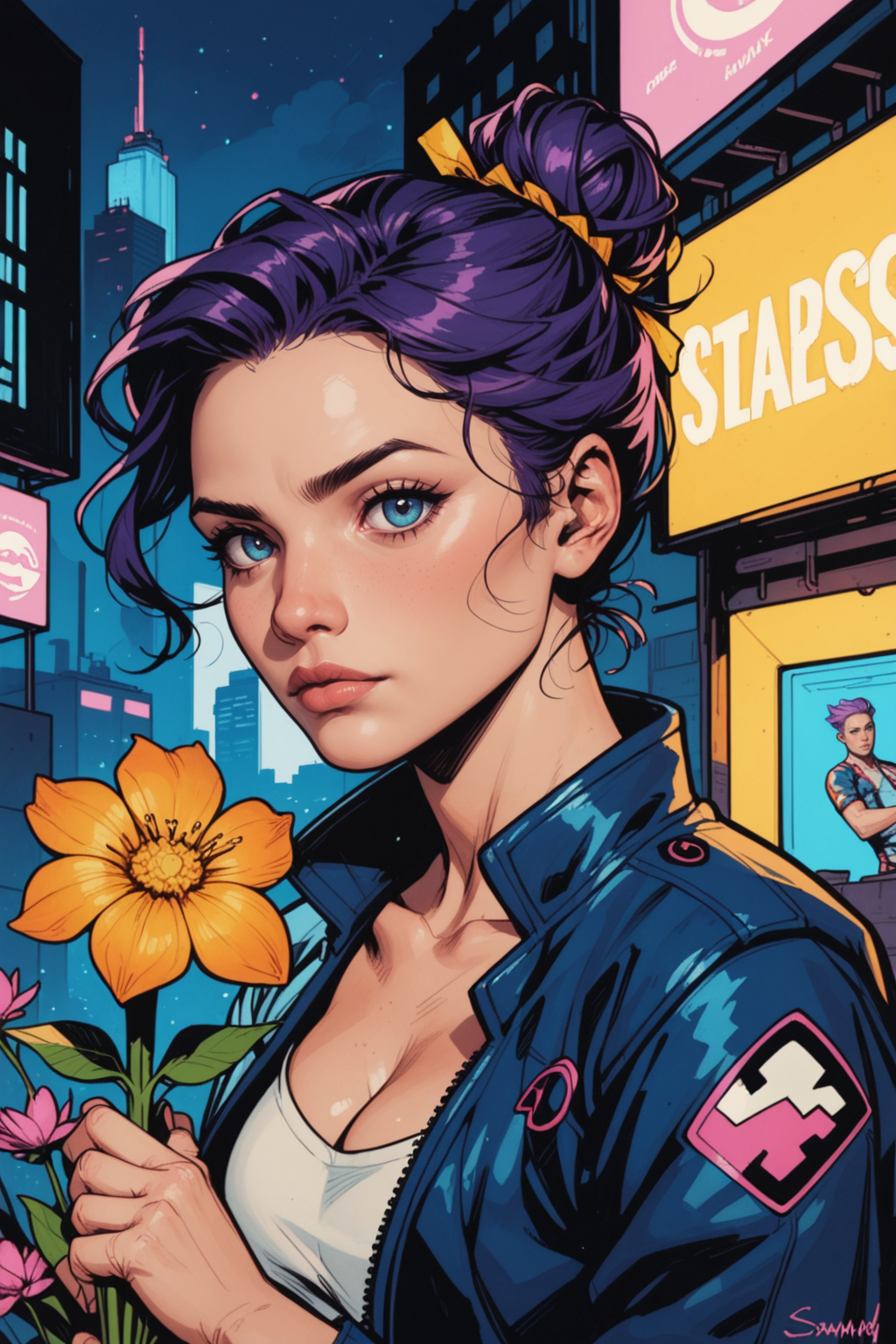 1girl, flower, neon lights, night, solo focus, purple hair, outdoors, looking at viewer, holding, breasts, hair bun, bouquet, cyberpunk, jacket, city, realistic, cleavage, pink flower, holding flower, lips, medium breasts, orange flower, blurry, nose, hair ornament, city lights, building, short hair, plant, yellow flower, closed mouth, hologram, standing, 1boy, <lora:Expressive_H:0.5>, score_9, score_8_up, score_8_up, a_Comic_Illustration, rough lines with ink, (drawn:1.1), (sketch:1.5), (crosshatching:1.25), (comic style:1.1), graphic novel style, sharp lines, hires, zstyle, (western comics \(style\):1.1), (hatching \(texture\):1.2), zPDXL, Mr_Monster_Possitive