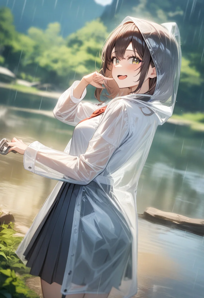 1girl, <lora:sdxl2-flat2-512b:-1>,medium breasts,school uniform,
transparent raincoat,<lora:transparentraincoat_XL_v1:0.7>
from side, cinematic angle, looking back, archaic smile, lake, open mouth,
masterpiece, best quality, very aesthetic, absurdres
