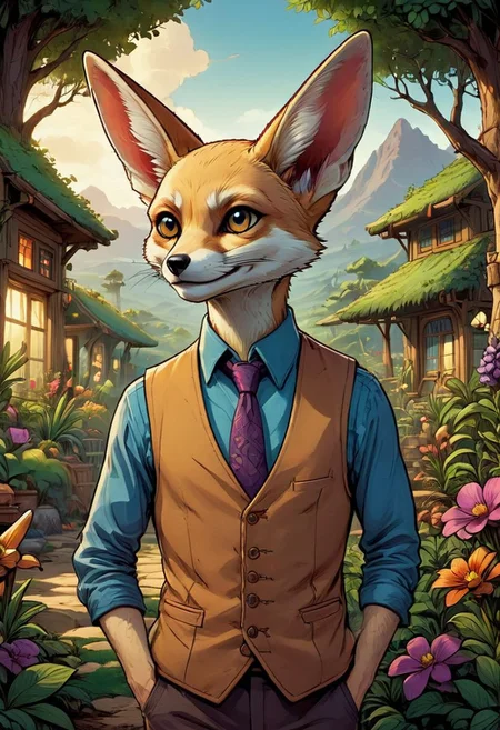 fennec fox, vest, smug, fantasy garden background, funny, satirical, cartoon drawing, detailed, magical, beautiful, depth of field, deep colors, deep shadows,